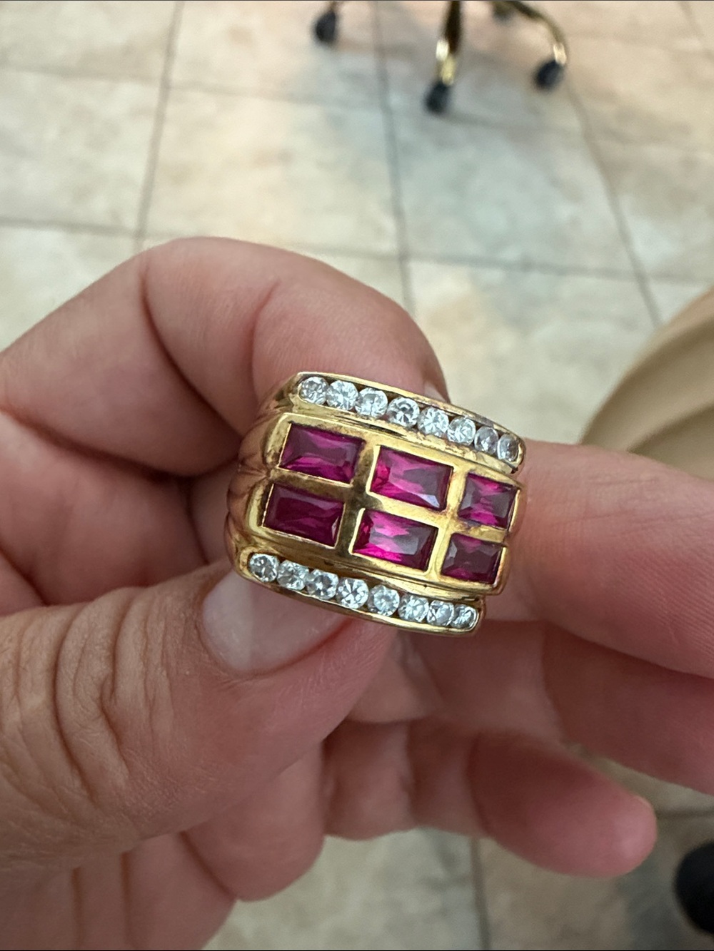 Gold-Tone Wide Band Ring with Pink Rectangular Stones